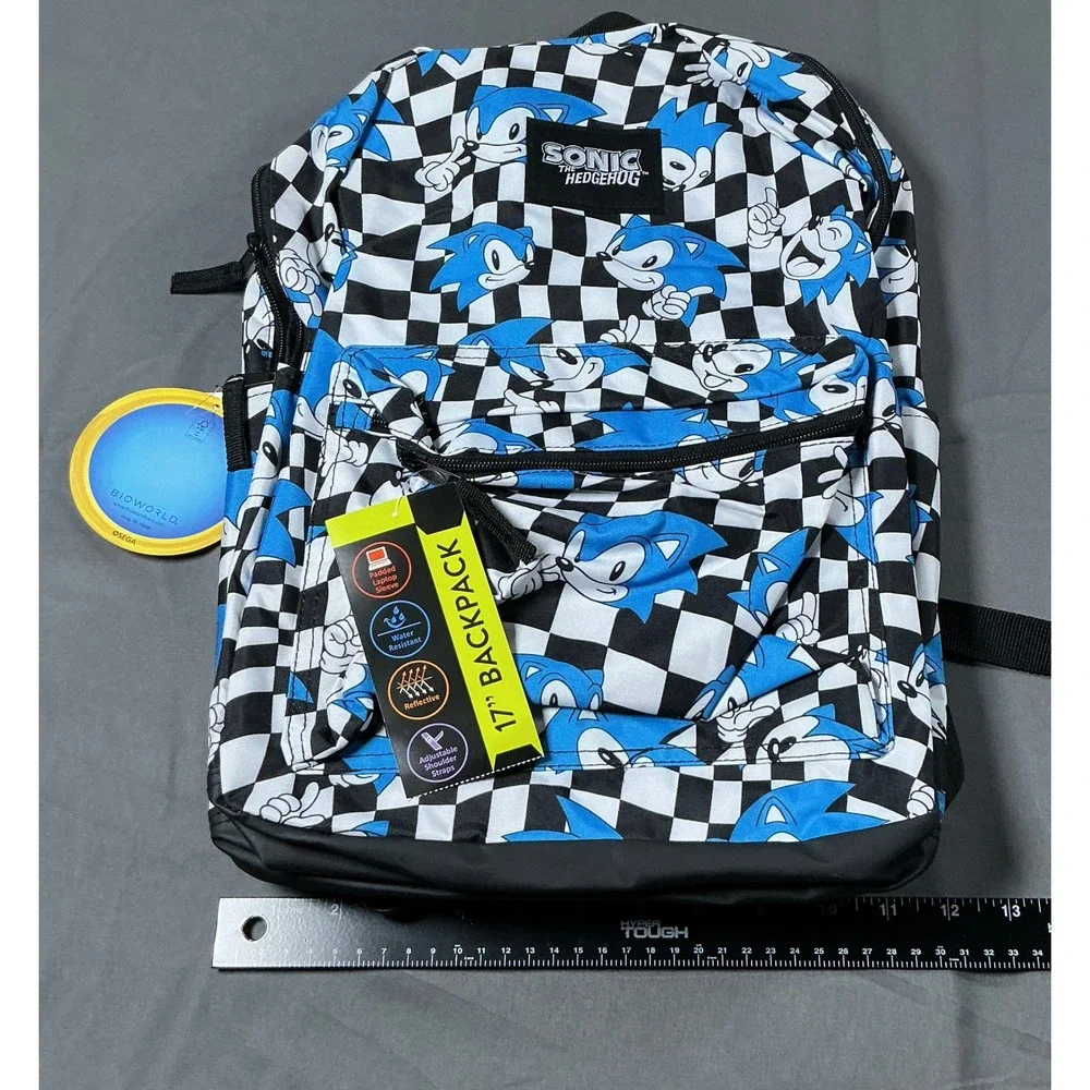 Sonic the Hedgehog Bioworld 17 Inch Backpack Checkered Blue Black White NWT